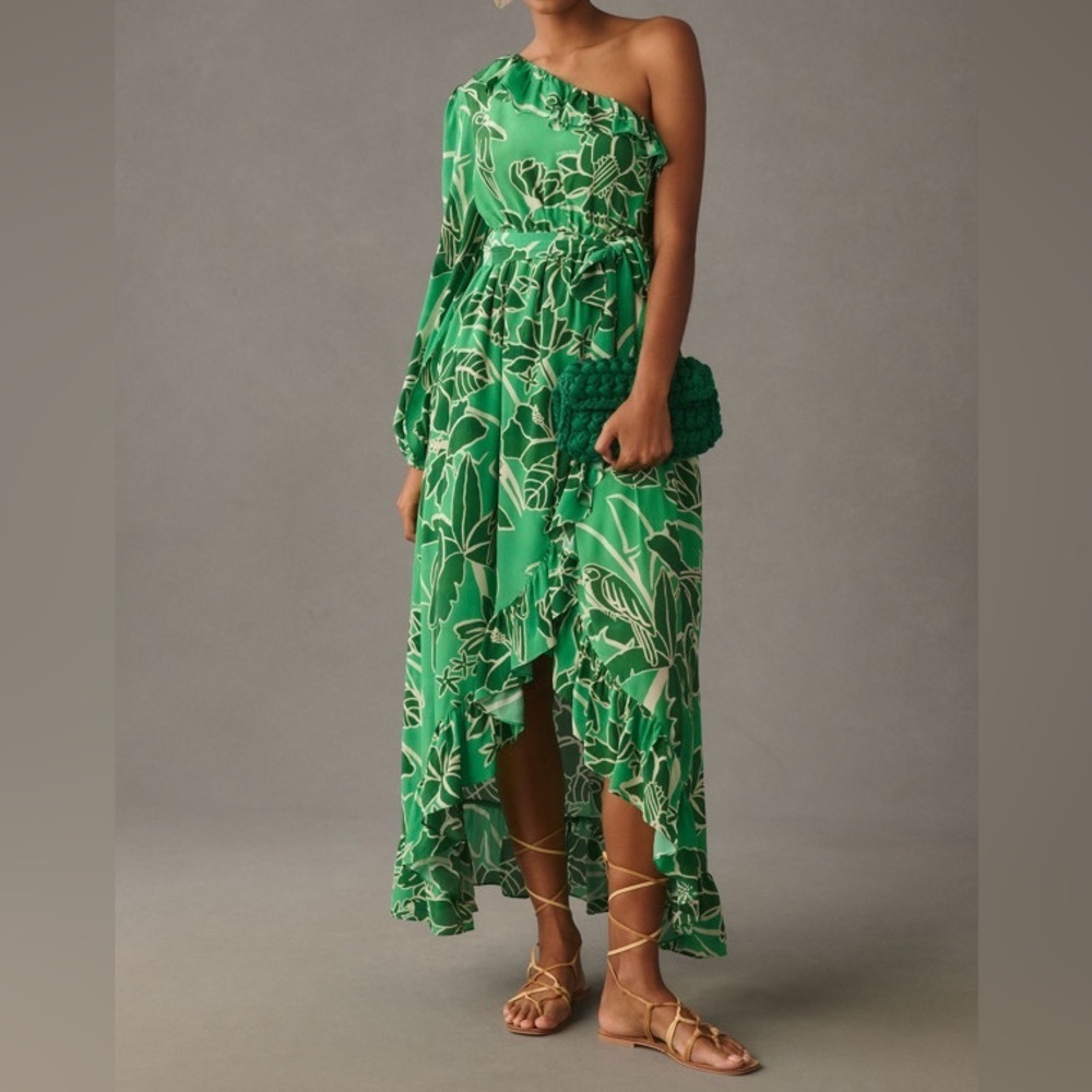 Farm Rio for Anthropologie Asymmetrical Green Floral Dress Size M